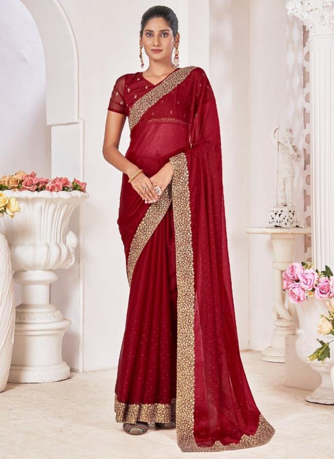 Chiffon Maroon Wedding Wear Swarovski Work Saree